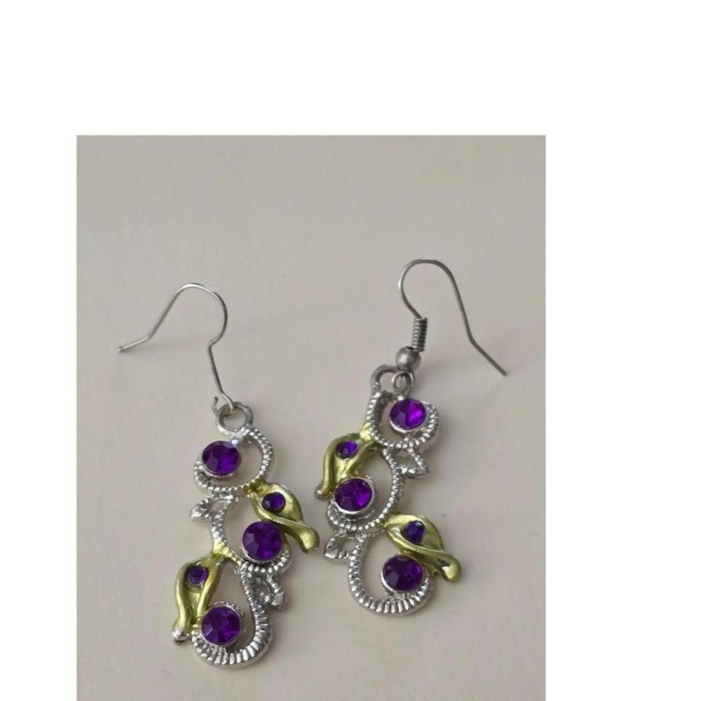 Silver and gold Tone Purple Rhinestone Vine Dangle Earrings Nature Style